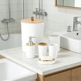 thumbnail image 2 of 6 Pcs Bathroom Accessories Set, White Bathroom Decor with Wood Lid, Included Toilet Brush, Toothbrush Holder, Soap Dispenser, Modern Bathroom Set for Home Hotel Restroom, 2 of 8