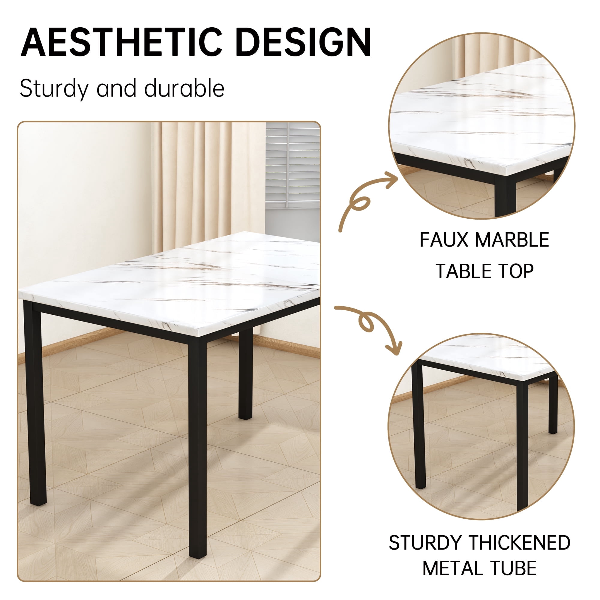 AWQM 5 Piece Dining Table Set, Faux Marble Kitchen Table and Chairs for 4, Dining Room Table Set with 4 PU Leather Chairs, White
