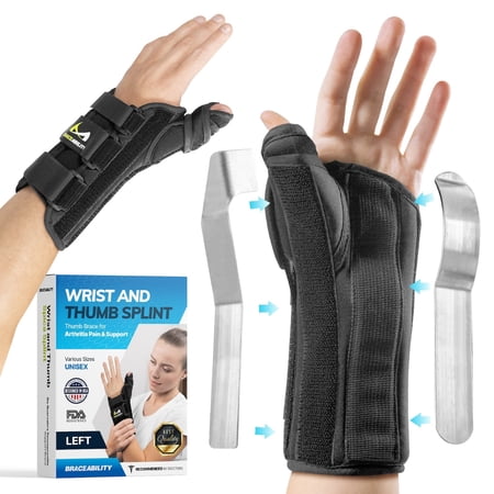 BraceAbility Thumb Spica Splint for De Quervains Tenosynovitis, Wrist and Thumb Stabilizer, XS, Left