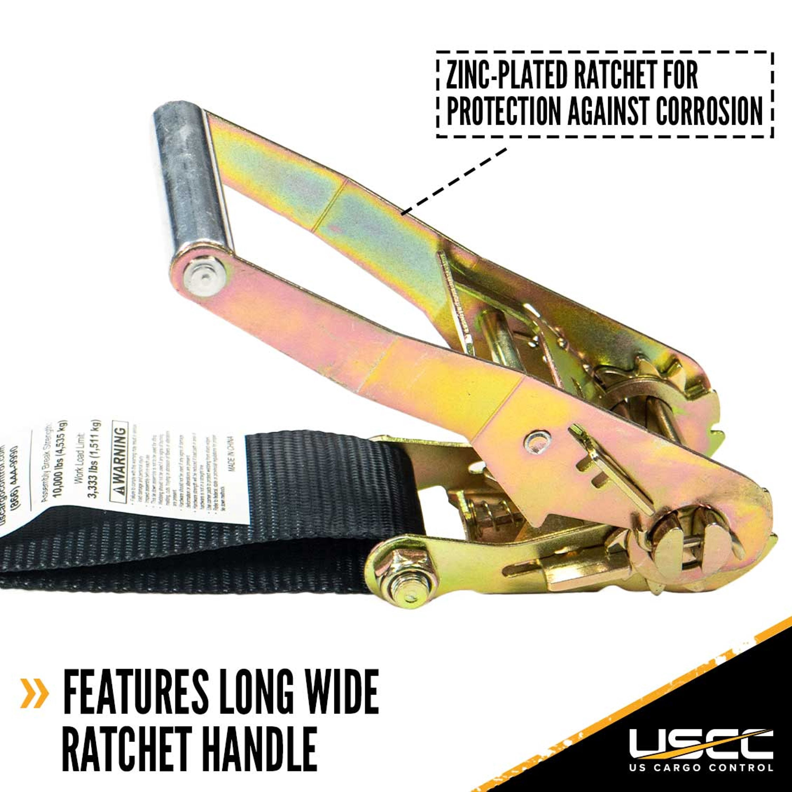 US Cargo Control Ratchet Straps, 2 Inch x 24 Foot Ratchet Strap, 2 Inch Ratchet Strap, Black Ratchet Strap, Wire Hook Ratchet Strap, Tiedown Strap With Double J Hooks, Secure Cargo With Ease
