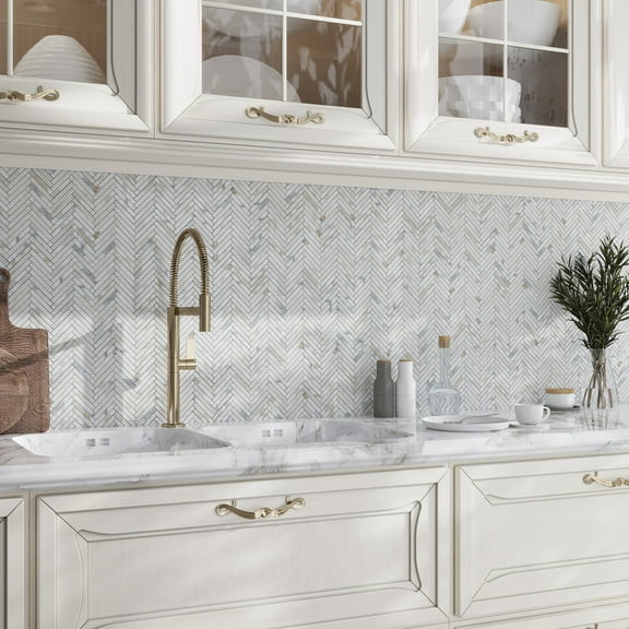 Serena 11x11 White Gray Calacatta Gold Mosaic Herringbone Wall and Floor Tile (4.2 sq ft/case) - 5 Pack