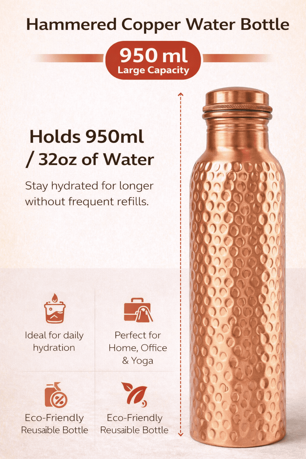Pure Copper Water Bottle with 4 Hammered Copper Glasses | Leak-Proof Cap | Ayurvedic Healthy Drinking Set for Home & Office