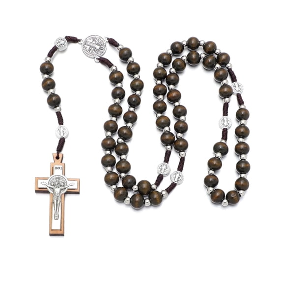 KOMI Handmade Brown Wooden Rosary Beads Necklace Catholic for Men Women Christian Gifts