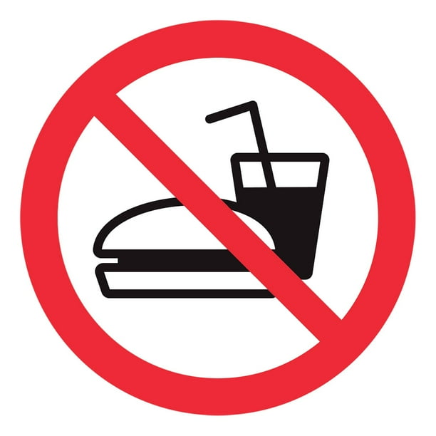 Señal prohibitiva: "No consumir alimentos" en blanco, rojo y negro. Plástico estireno calibre 40 resistente a exteriores, medida: 20 x 20 cm. Señalamiento, Cartel, Letrero cuadrado, Señalización.