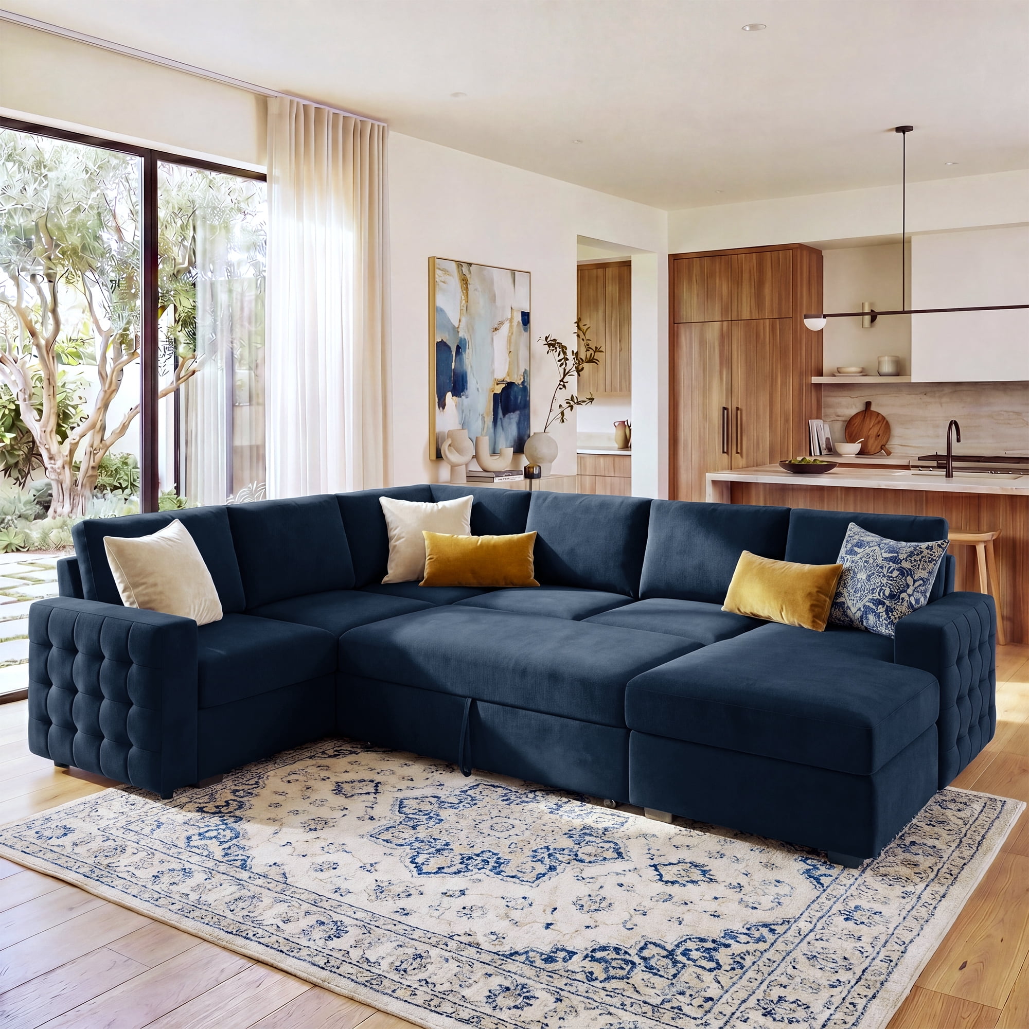 Marrber Modular Sectional  Pull-Out Sofa Bed  with Storage Velvet U-Shaped Convertible Sleeper Sofa for Living Room, Blue