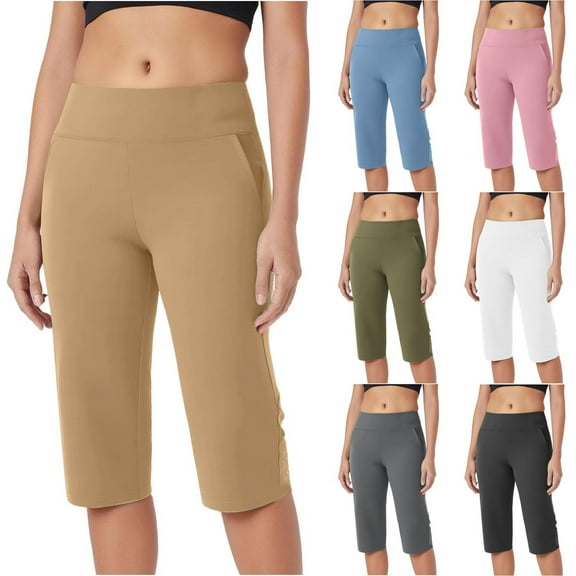 FRSASU Yoga Capri Pants for Women Solid Casual Elastic Cropped Pant Straight Leg Workout Leggings White XL(XL)