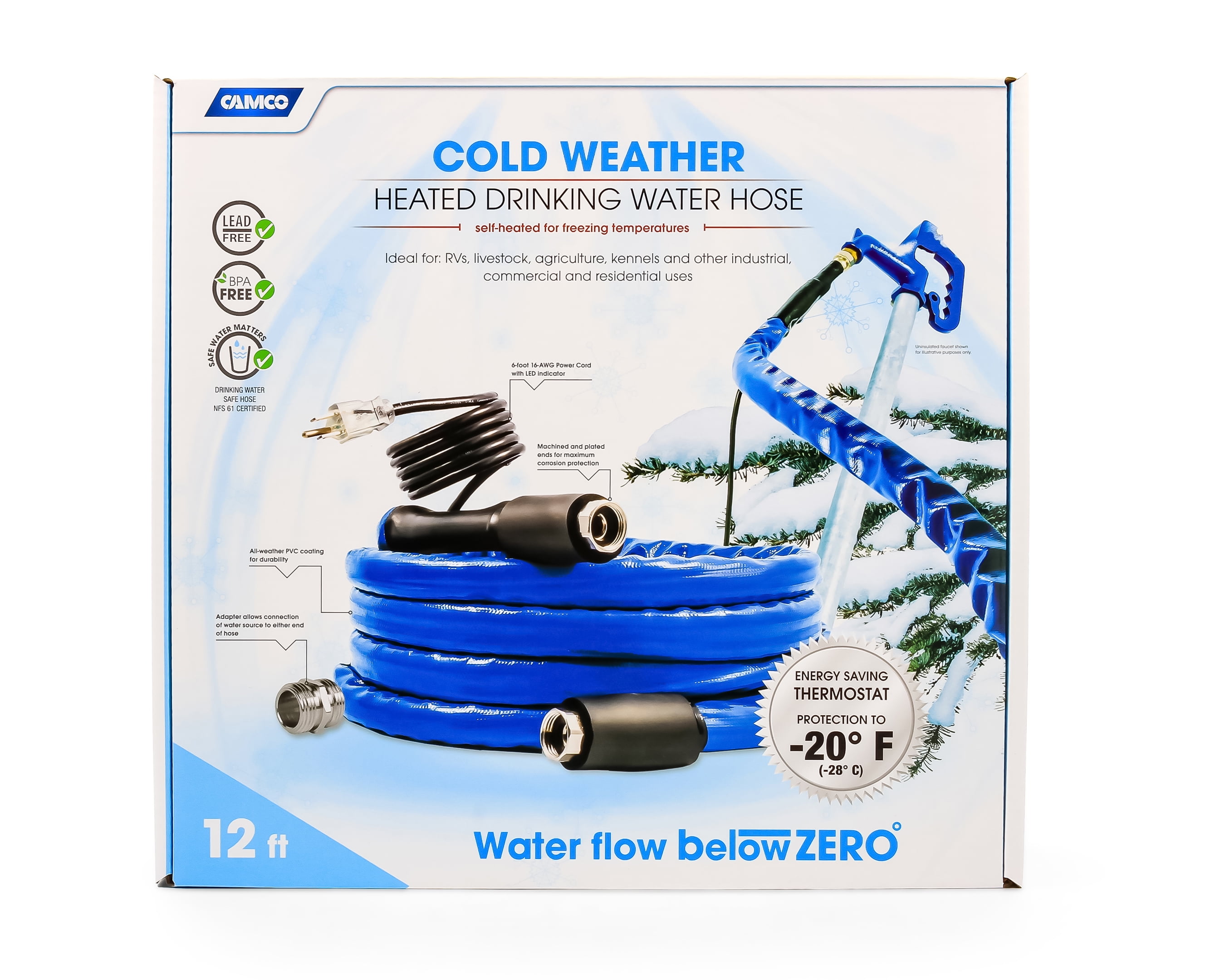 12 Blue Camco Freeze Ban Heated Drinking Water Hose 12 X 5/8 