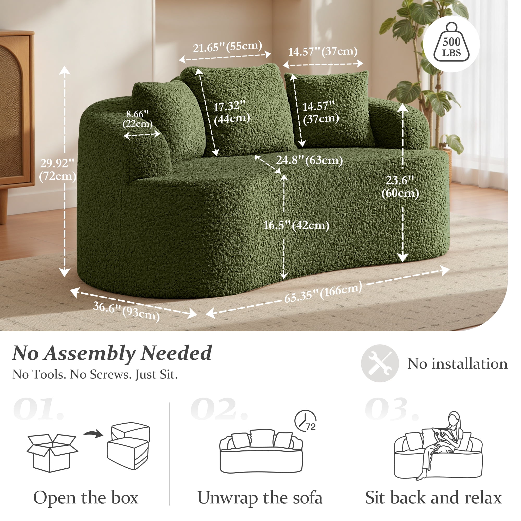 COOLHUT 65" 3 Seater Sofa Couch, Plush Floor Sofa Couch with Cozy Cushions & 3 Pillows, Curved Back Teddy Fabric Sofa for Living Room, Small Space, Green (Sofa-in-a-Box)