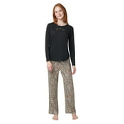 HUE Women's Timeless Soft Jersey Winter Pajama Gift Set Includes Top and Printed PJ Pant, Black-Cardinal Bloom, Medium
