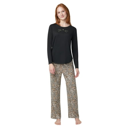HUE Women's Timeless Soft Jersey Winter Pajama Gift Set Includes Top and Printed PJ Pant, Black-Cardinal Bloom, Medium