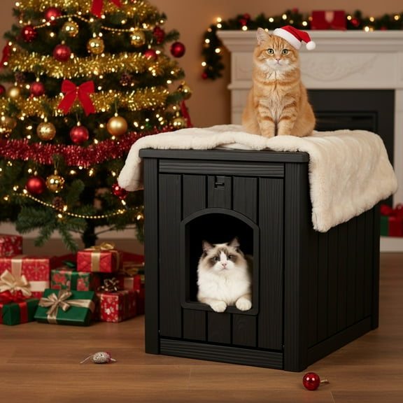 ENNSOO Outdoor Cat House Weatherproof Resin Cat Shelter for Indoor & Outdoor, Durable All-Season Pet House for Feral, Stray & Domestic Cats, Black