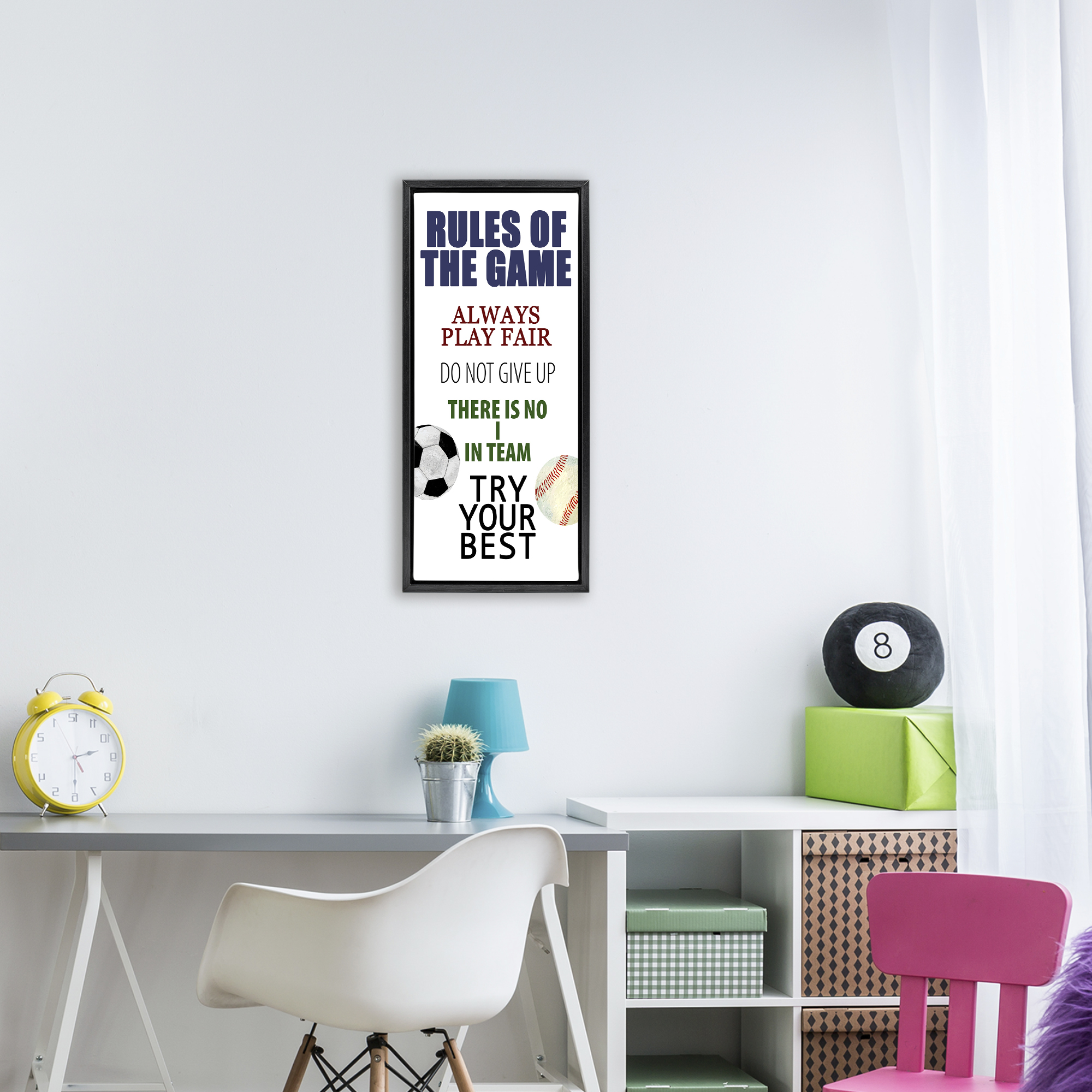 Fun Teamwork Rules of Game Black Framed Floater Canvas Wall Art, design by Kim Allen