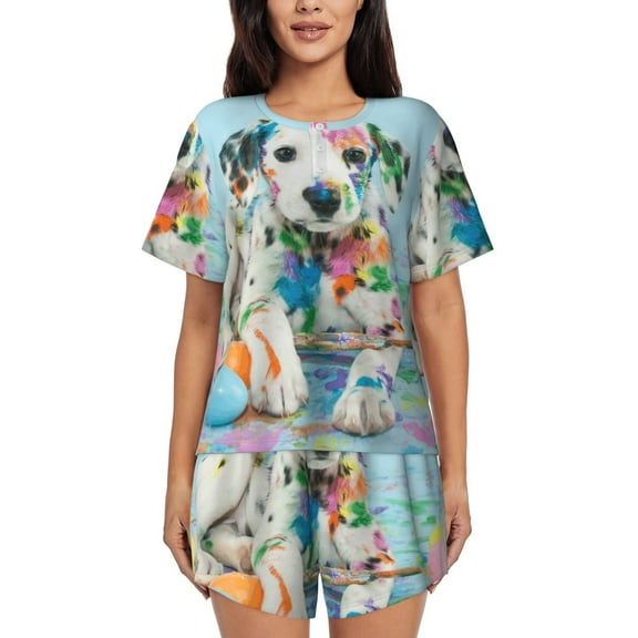 Ratiio A Funny Little Dalmatian Puppy Print Womens Pajama Sets 2 Piece Soft Short Sleeve Top and Shorts Sleepwear Round Neck Pjs Lounge Set