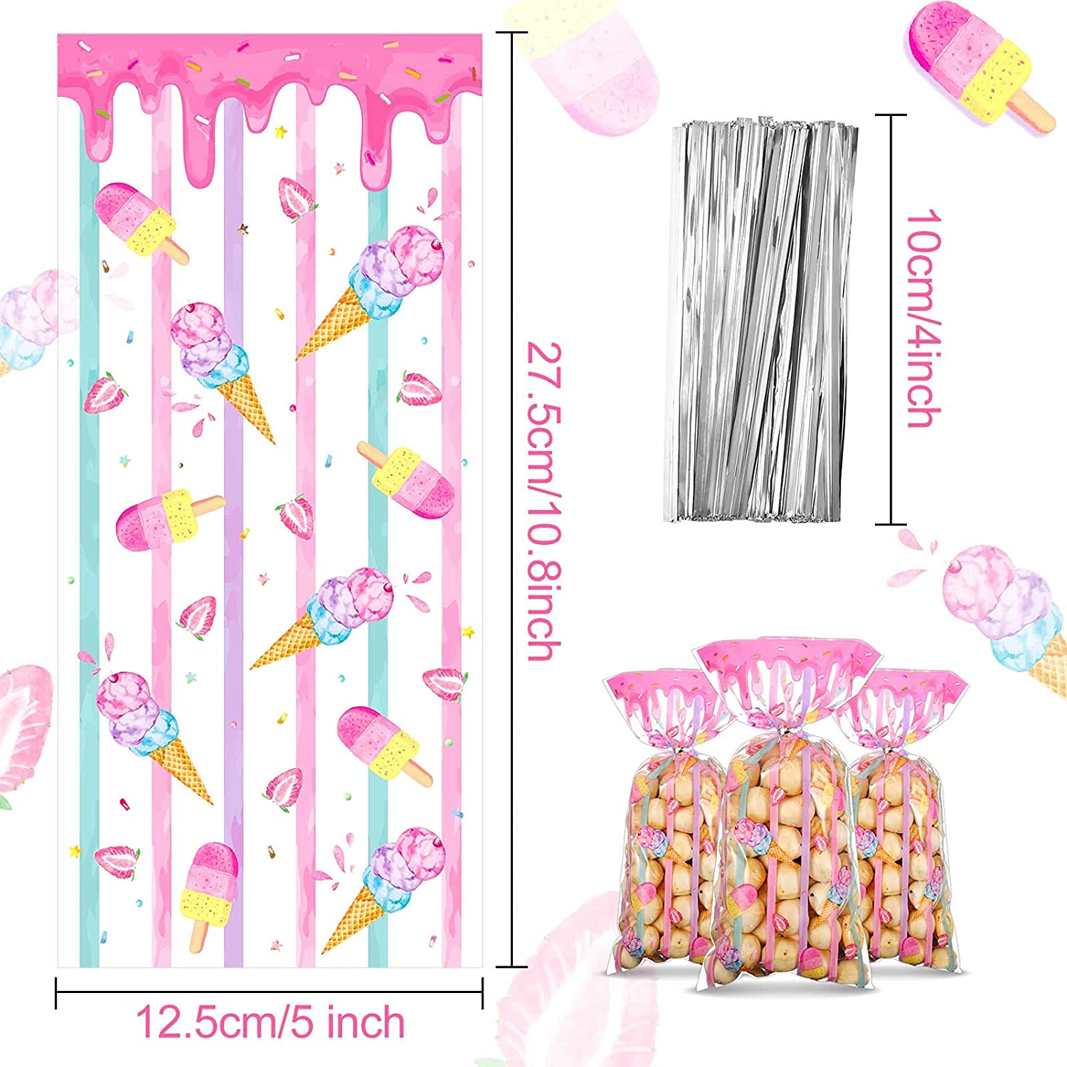 100 Pieces Ice Cream Treat Bags Cello Clear Sweet Party Favors Plastic Candy Cellophane Bags with 100 Silver Twist Ties for Kids Sweet Birthday Decorations Supplies