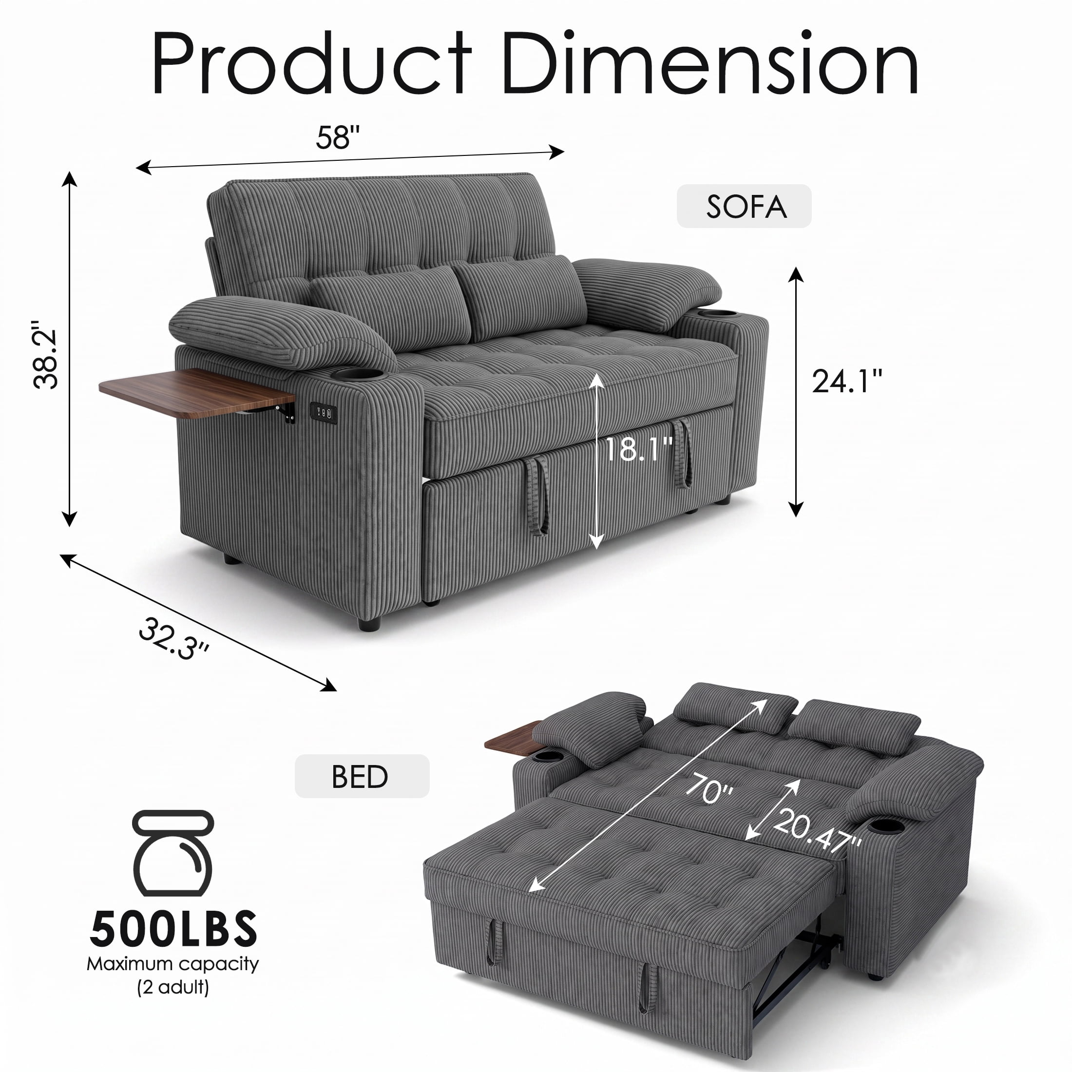 58" Convertible Sleeper Sofa Bed, Full Size Pull Out Couch with USB Charging, Cup Holders, Side Table, Adjustable Backrest, Corduroy Loveseat for Living Room, Apartment, Office (Gray)