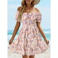 thumbnail image 4 of Square Neck Womens Boho Floral Smocked Short Sleeve Ruffle Beach Summer Mini Dress, 4 of 7