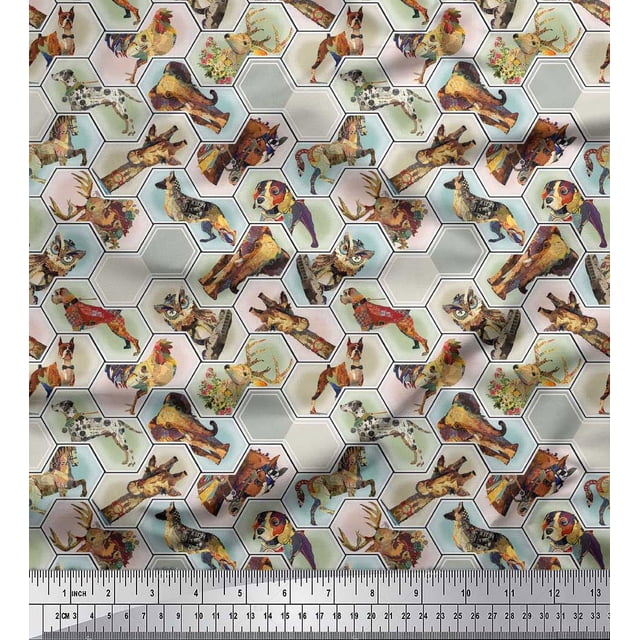Soimoi Moss Georgette Fabric Geometric,Bird & Animals Patchwork Print Fabric by The Yard 42 Inch Wide