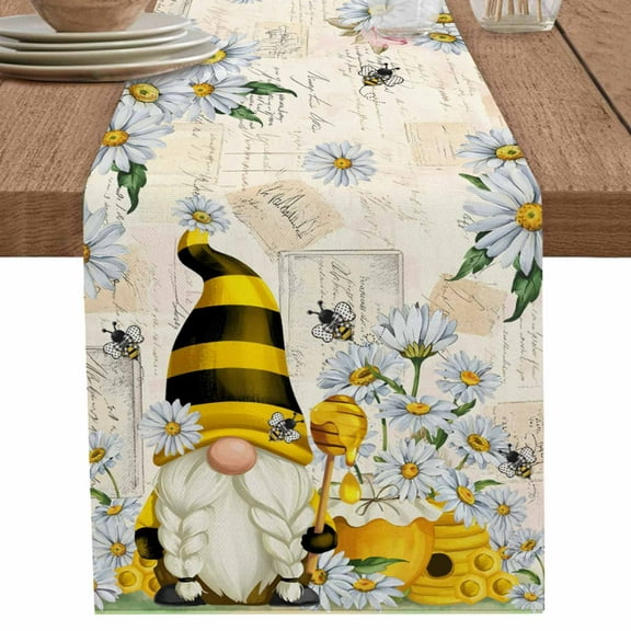 Farmhouse Daisy Bee Gnome Honey Flower Table Runner-70 Inch Long Vintage Letter Table Runners Linen Burlap Tablerunner for Kitchen Dining Room Holiday Party