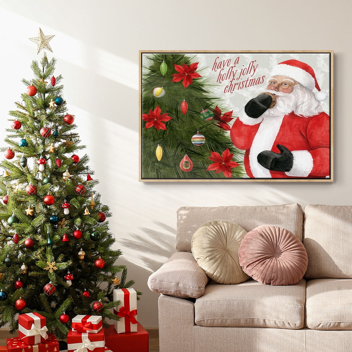Arose Such a Clatter Collection A - Framed Gallery Wrapped Holiday Canvas - 27 x 41 - Natural Wood Frame