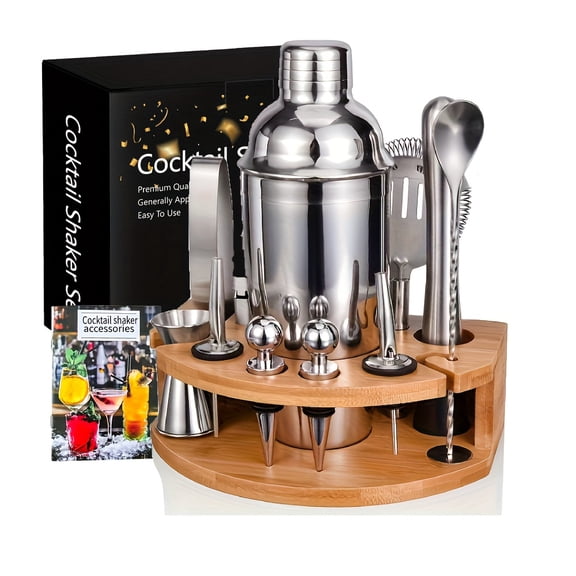 12Pcs 25oz Stainless Steel Cocktail Shaker Set, Professional Bartender Kit with Bamboo Stand, Complete Home Bar Tools for Drinks Mixing  Coffee Bar