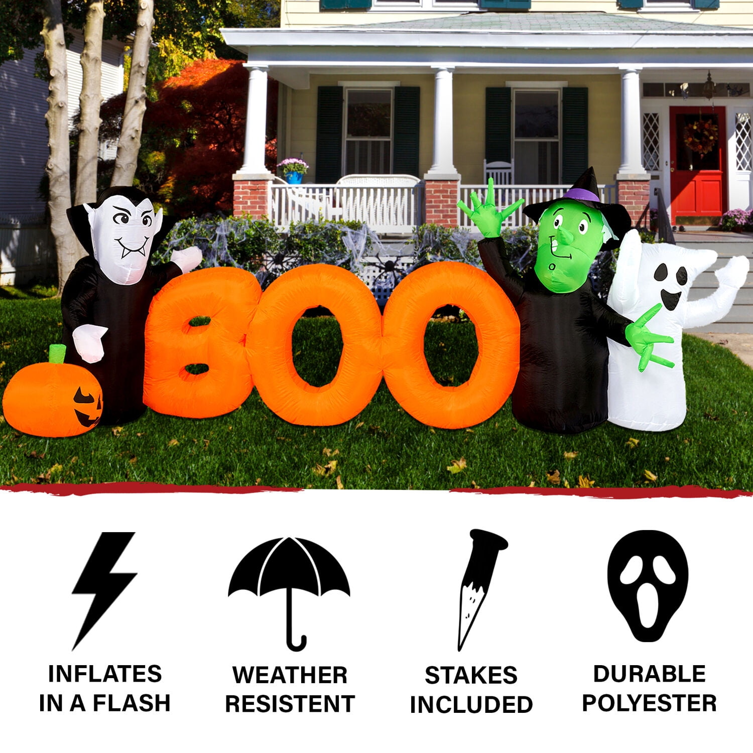 Haunted Hill Farm 10 ft Wide BOO Sign with Lights Halloween Blow Up Inflatable, HIBOOSGN101-L