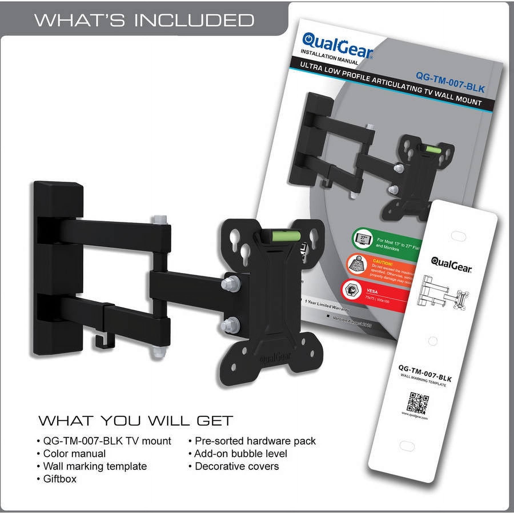 QualGear QG-TM-007-BLK 13-Inch to 27-Inch Universal Low Profile Full Motion TV Wall Mount LED TVs, Black - image 4 of 5