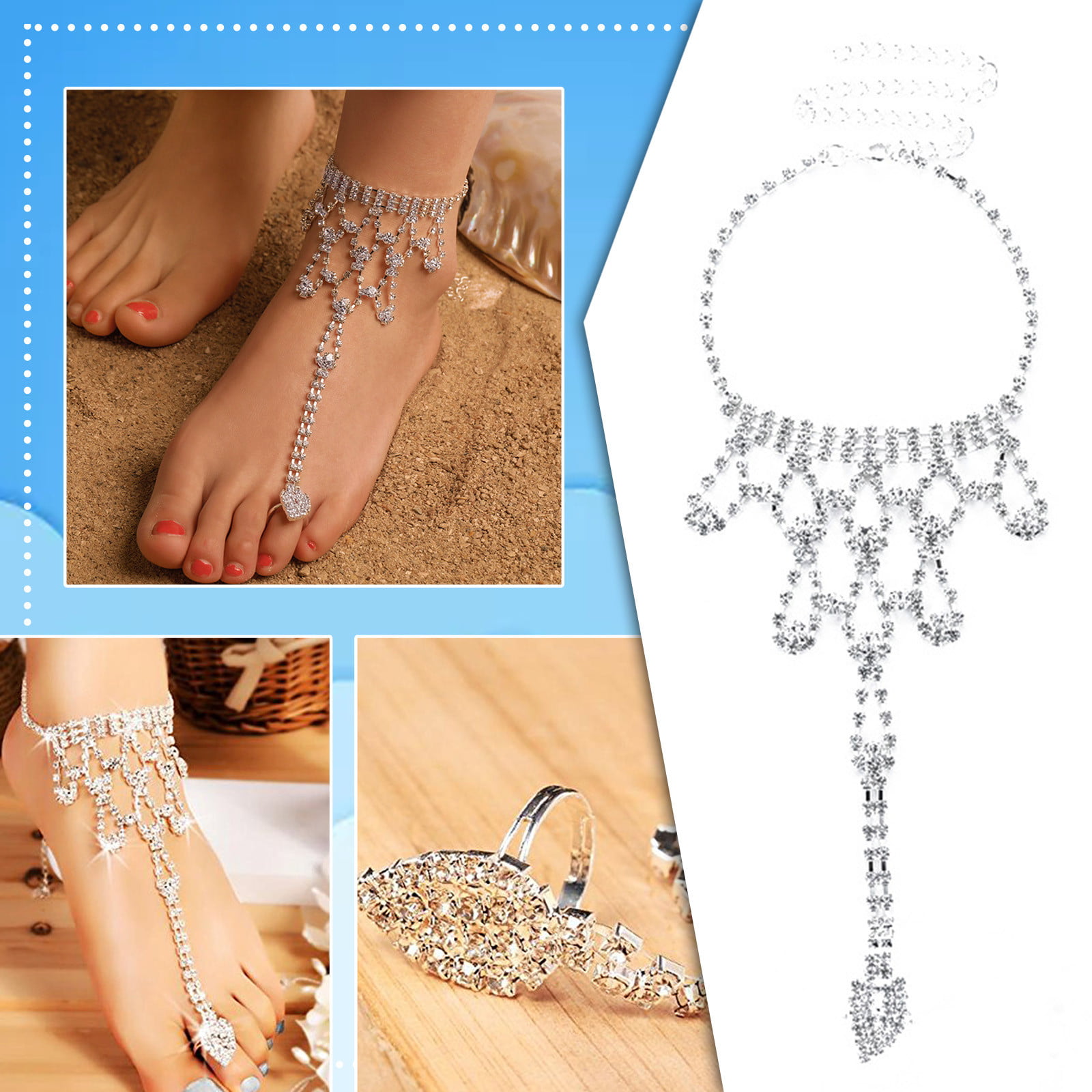 Clear Crystal Rhinestone LOVE HEART Charm Anklet barefoot Bridal jewellery