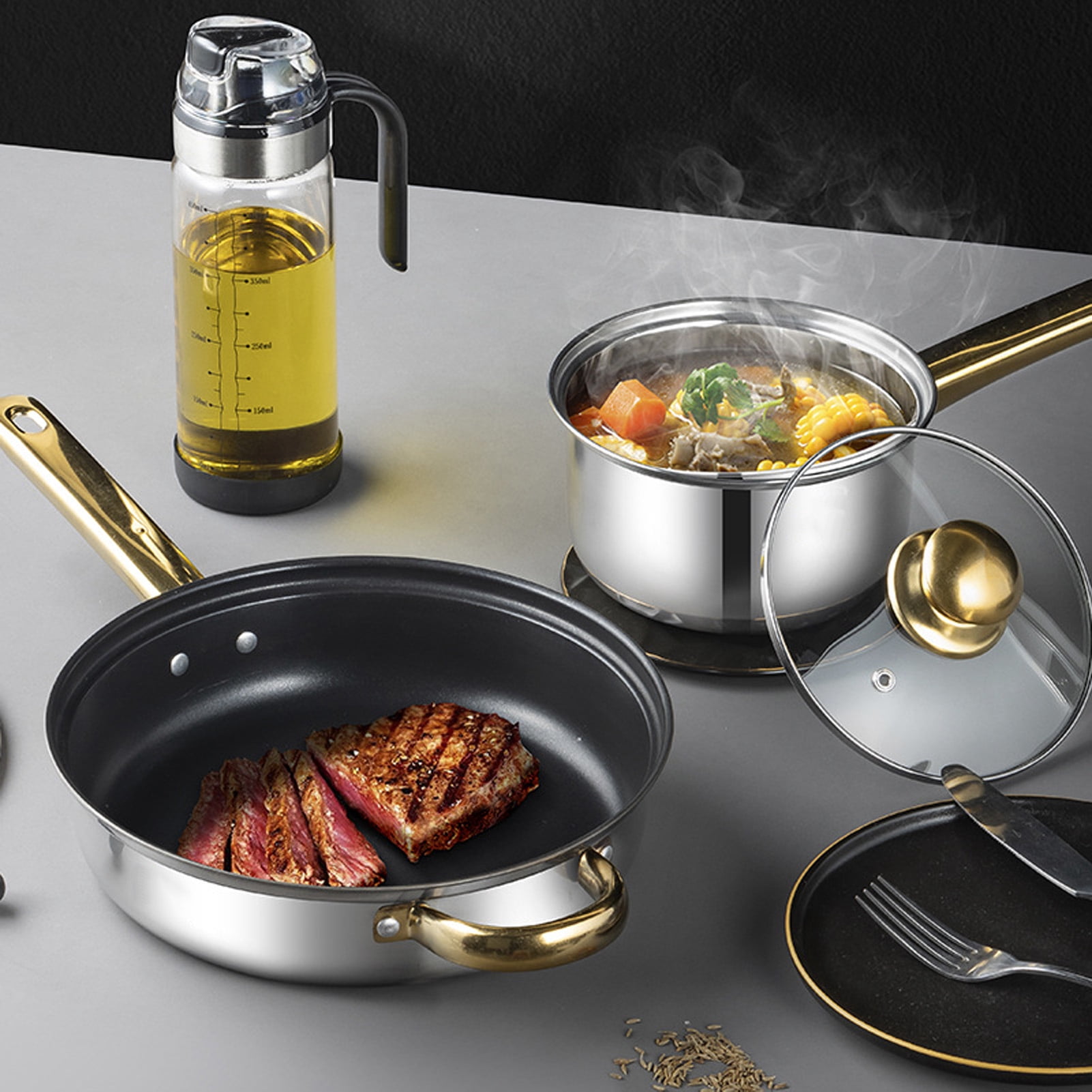 Nonstick Pots And Pans Set, 12 Piece Stainless Steel Non-stick Kitchen Cookware Set Golden Handle Easy Clean