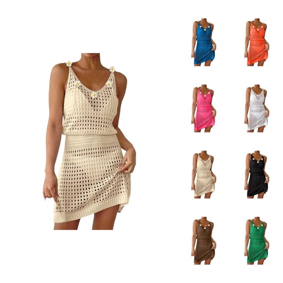 Swimsuit Coverup for Women Sleeveless Smocked Waist 3d Flower Detail Crochet Knit Mini Dress Beach Cover Up