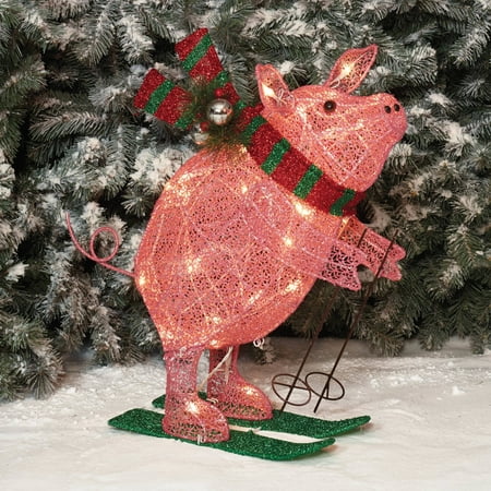 Holiday Time Christmas Decor 22 Glittering Mesh Skiing Pig