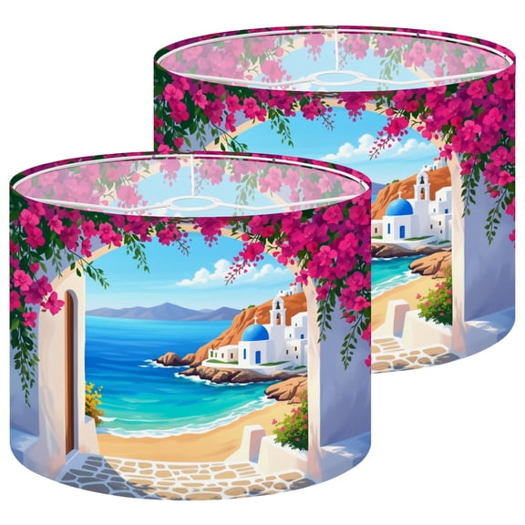 Lampshades 2 Pack Mediterranean Seaside Village Blue Dome Church Turquoise Ocean 13"x13"x10" Light Shade for Table Lamps Floor Lamp Shades Lampshade Replacement Easy Assembly