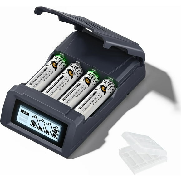 AIR-Rechargeable AA Battery with Charger,4 Pack 3500mWh AA Lithium Rechargeable Batteries with LCD Smart Battery Charger for Rechargeable AA Batteries