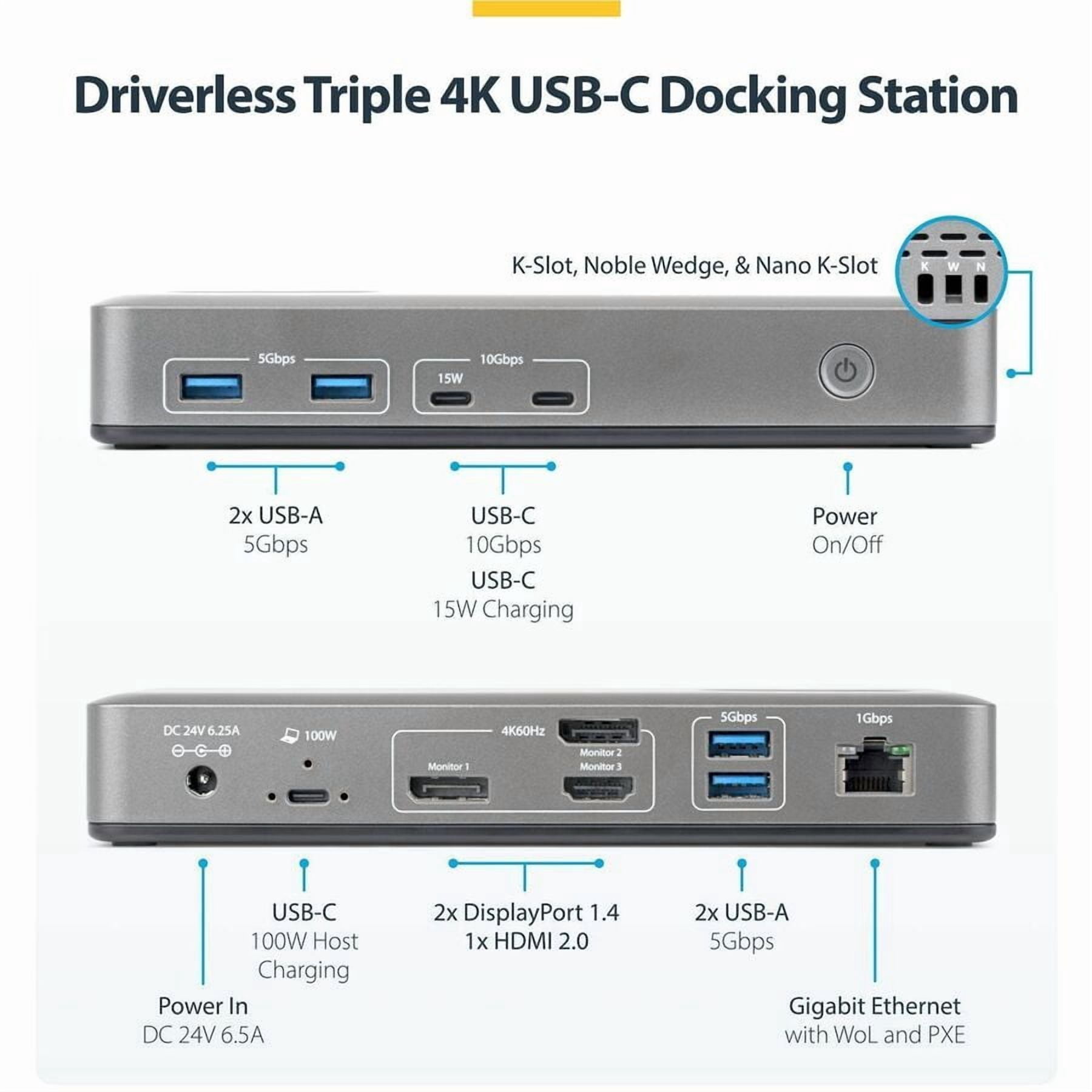 StarTech Triple-Monitor USB-C Docking Station, DP / HDMI, 4K 60Hz, 100W Laptop Charging, 1GbE, Driverless, Multi-Monitor Dock