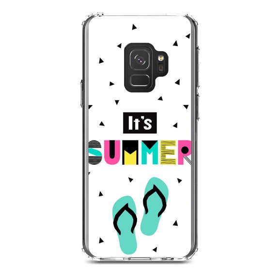 DistinctInk Clear Shockproof Hybrid Case for Samsung Galaxy S9 (5.8" Screen) - TPU Bumper, Acrylic Back, Tempered Glass Screen Protector - Summer Graphics - It's Summer Cartoon Flip Flops