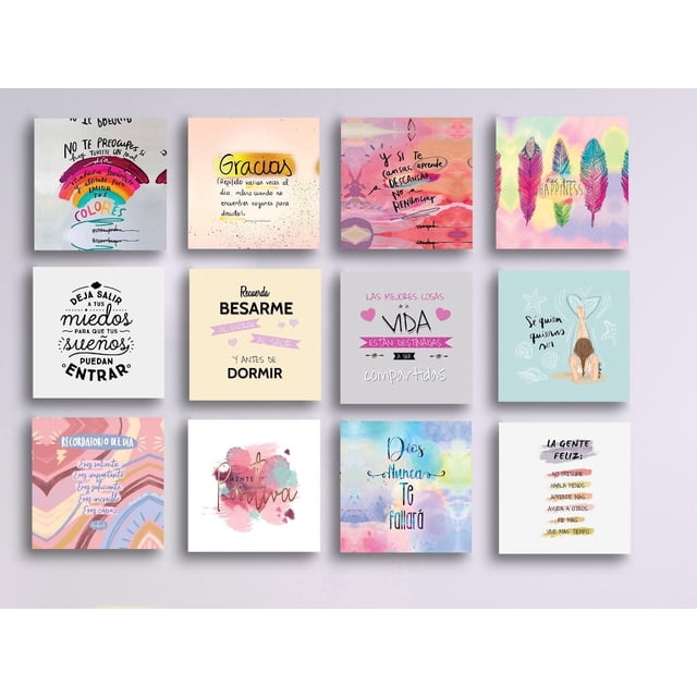 set de 12 cuadros decorativos personalizados especiales ideas creativas cuadro sublimado en tela — 12 cuadros cuadrados 25 cm x 25 cm montados en bastidor de madera de 3 cm, tela sarga sublimada (no impresión en canvas); diseños con frases en español, acuarelas, plumas y motivos florales en tonos pastel y vibrantes; vista frontal en cuadrícula lista para colgar en sala, recámara o comedor, ideal para crear un mural decorativo.