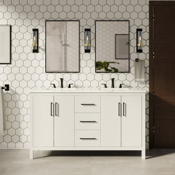 Copenhagen 60" Double Bathroom Vanity with White Cabinet and Engineered Marble Top