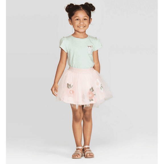 Mila & Emma Toddler Girls' Floral Print 2pc T-Shirt and Embroidered Skirt Set 2T