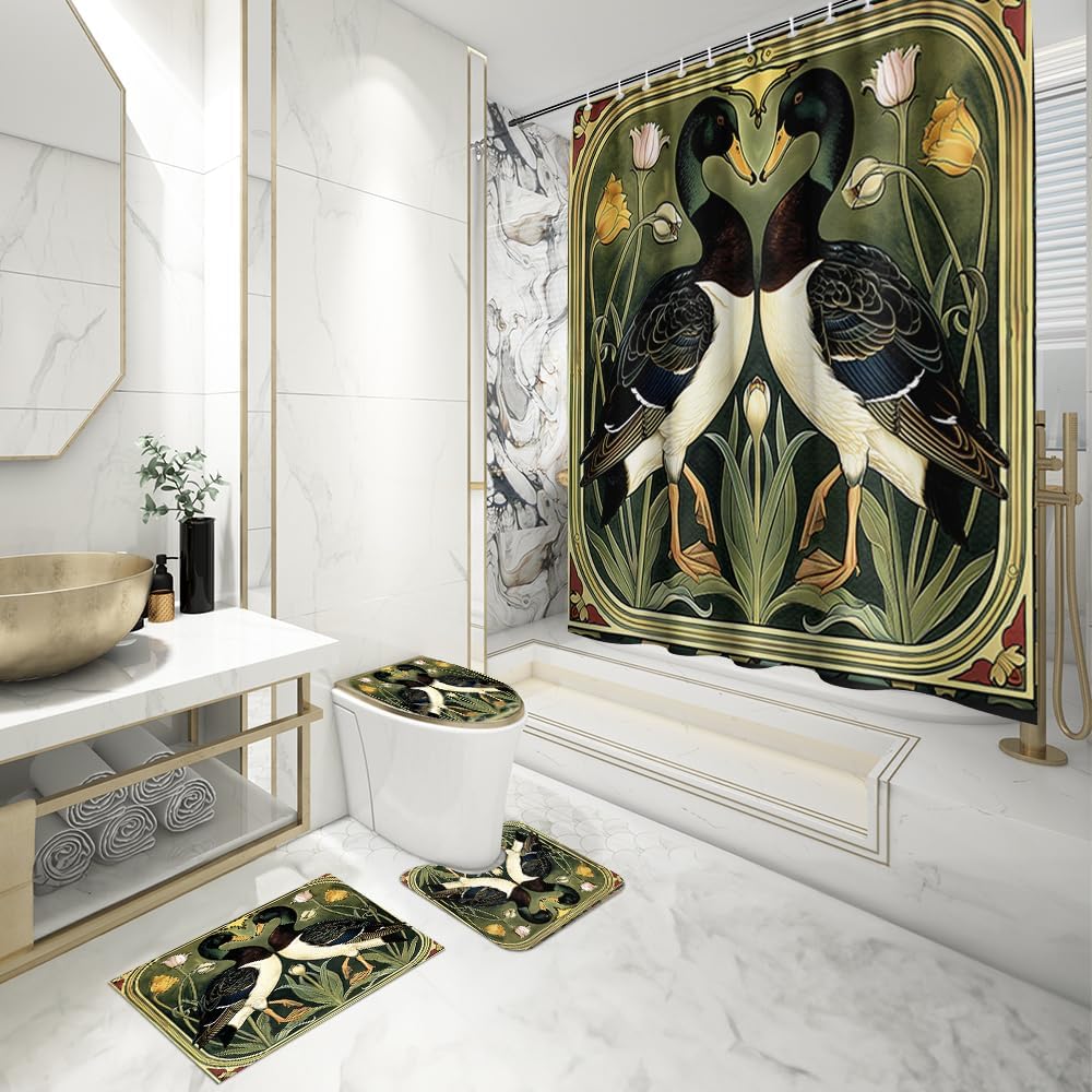 4PCS Vintage Bigfoot Sasquatch Shower Curtain Sets,Funny Animal Bathroom Sets with Non-Slip Rugs,Toilet Lid Cover,Bath Mat,Shower Curtain with 12 Hooks Farmhouse Bathroom Sets Decor