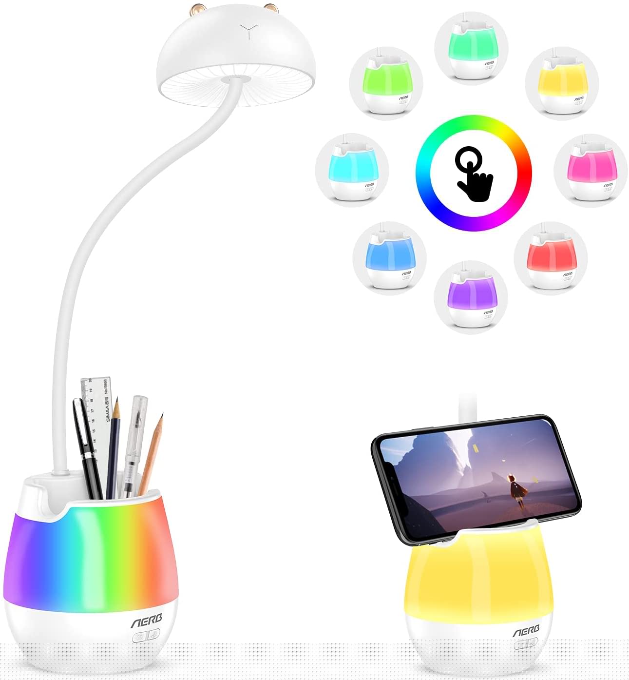 Aerb LED Desk Lamp with RGB Color Changing, Night Light with Pen & Phone Holder, Rechargeable Reading Light for Teenager, 3 Eye-Care Brightness Modes, Adjustable Gooseneck, for Dorm Bedroom Office
