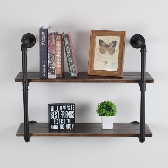 MBQQ Étagère Industrielle Rétro 30 Po 2 Niveaux Murale, Étagères Flottantes Rustiques, Étagère de Cuisine de Ferme, Étagères de Décoration Intérieure, Étagère Murale Suspendue DIY, Noir