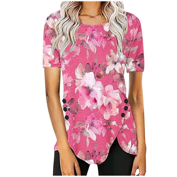 Blusas de Manga Corta para las Mujeres Botón Impreso Cuello Redondo Top Casual, Blusas para las Mujeres Casual