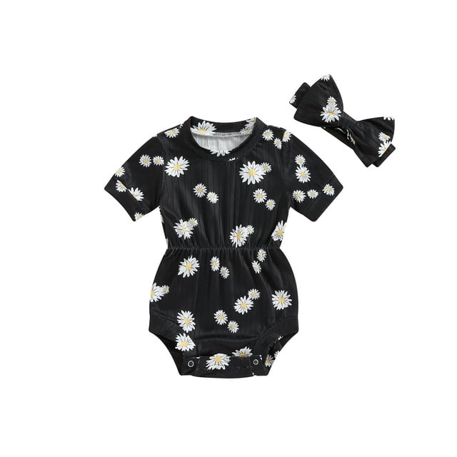 EYIIYE Toddler Little Girl 2 Piece Summer Set 0 3M 6M 9M 12M 18M Infant Baby One-piece Rompers Round Neck Jumpsuits Daisy Print Ribbed Short Sleeve Bods Fashion Casual Cute Outfits for Daily