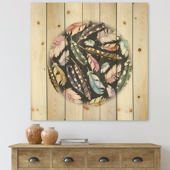Designart 'Colorful Boho Feathers In Circle Shape' Bohemian & Eclectic Print on Natural Pine Wood