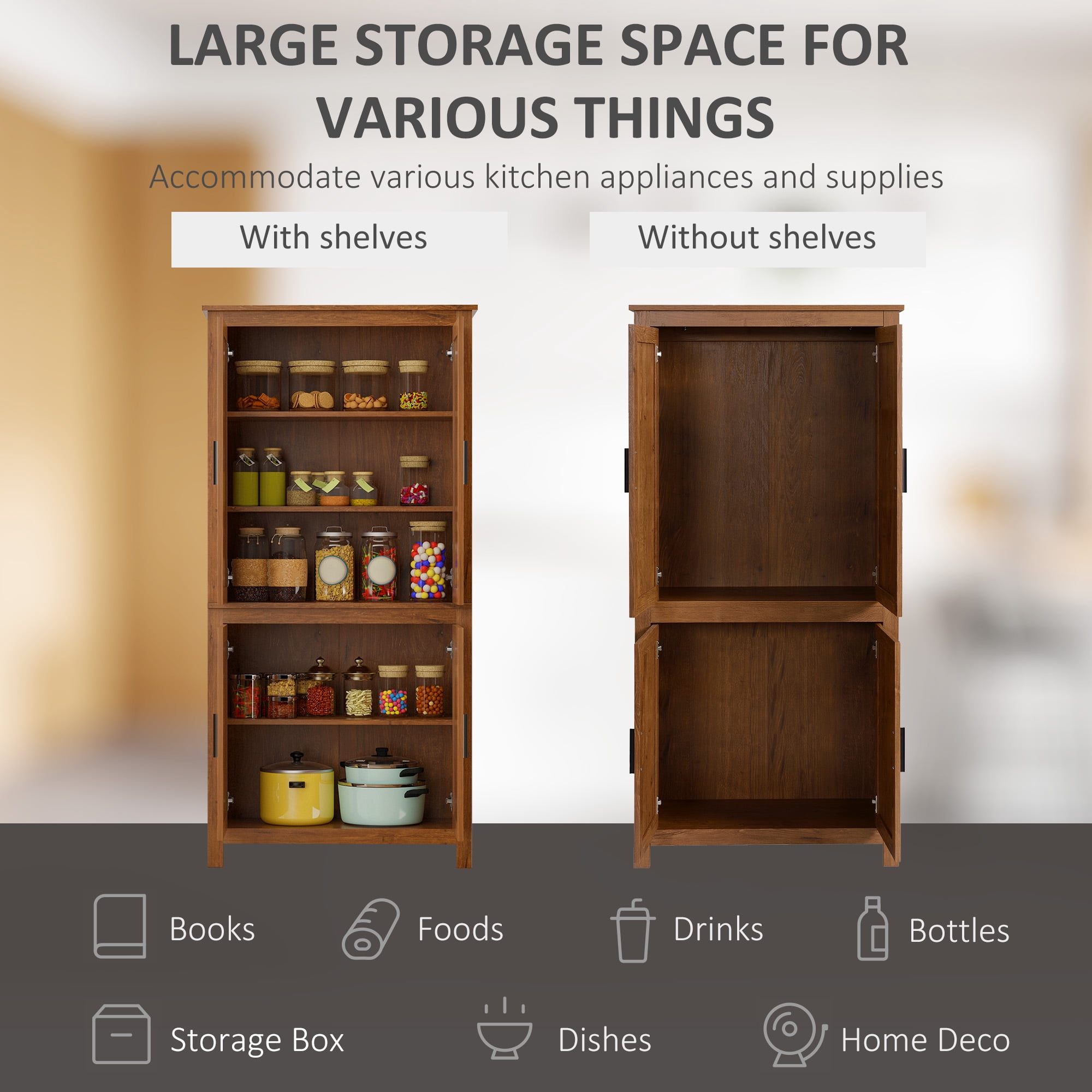 HOMCOM 64" 4-Door Kitchen Pantry, Freestanding Storage Cabinet with 3 Adjustable Shelves for Kitchen, Dining or Living Room, Oak
