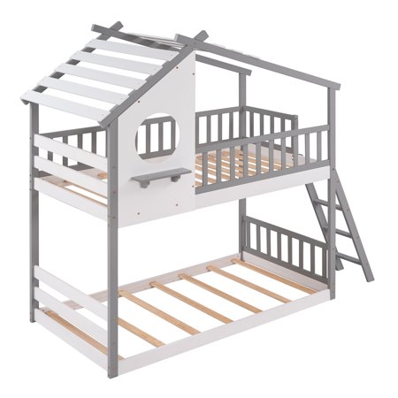 Over Twin Bunk Bed Wood Bed with Roof Window Ladder ( Gray)(OLD SKU :LP000008AAE)