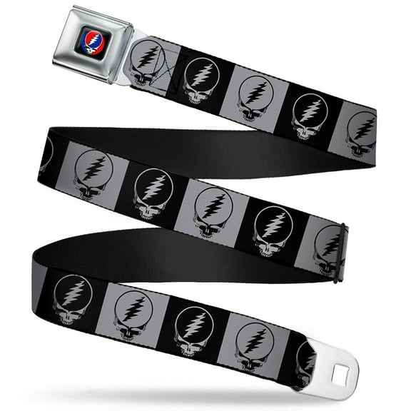 Grateful Dead Belt, Seatbelt Buckle Belt, Steal Your Face Blocks Black White Gray Black, Youth 22 to 32 Inches