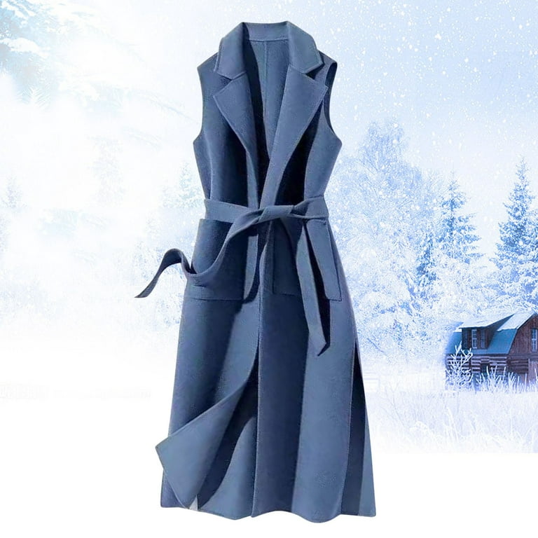 Blend Vest Solid and Jacket,Boucle Coat Women\'s Strap Personality Baocc Long Wool Winter Autumn Jackets Vest for Women Blue Color Woolen