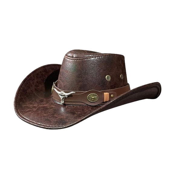 Avaner Men's Faux Leather Cowboy Hat with Bull's Head Decoration: Western Wide-Brimmed Hat with Windproof Strap - for Holidays, Outdoor Activities, and Everyday Wear