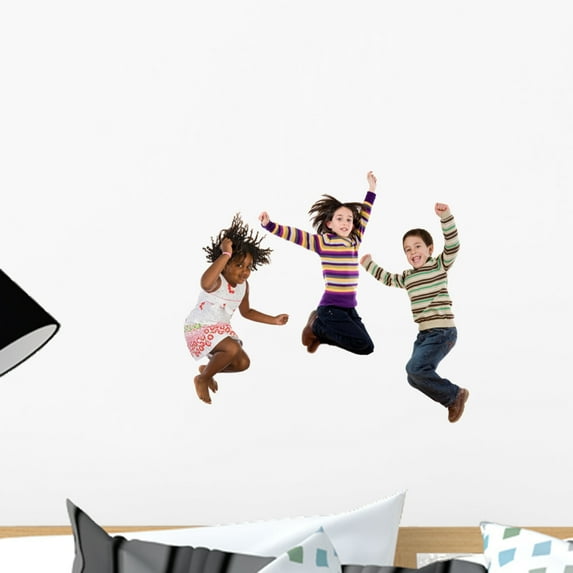 Three Happy Children Jumping Wall Decal by Wallmonkeys Peel and Stick Graphic (18 in W x 16 in H) WM213950