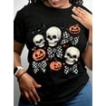 thumbnail image 2 of Casual Halloween Graphic Tee Skull Pumpkin Checkered Bow Print Autumn Winter Streetwear Top Gift For Women Friends, 2 of 5